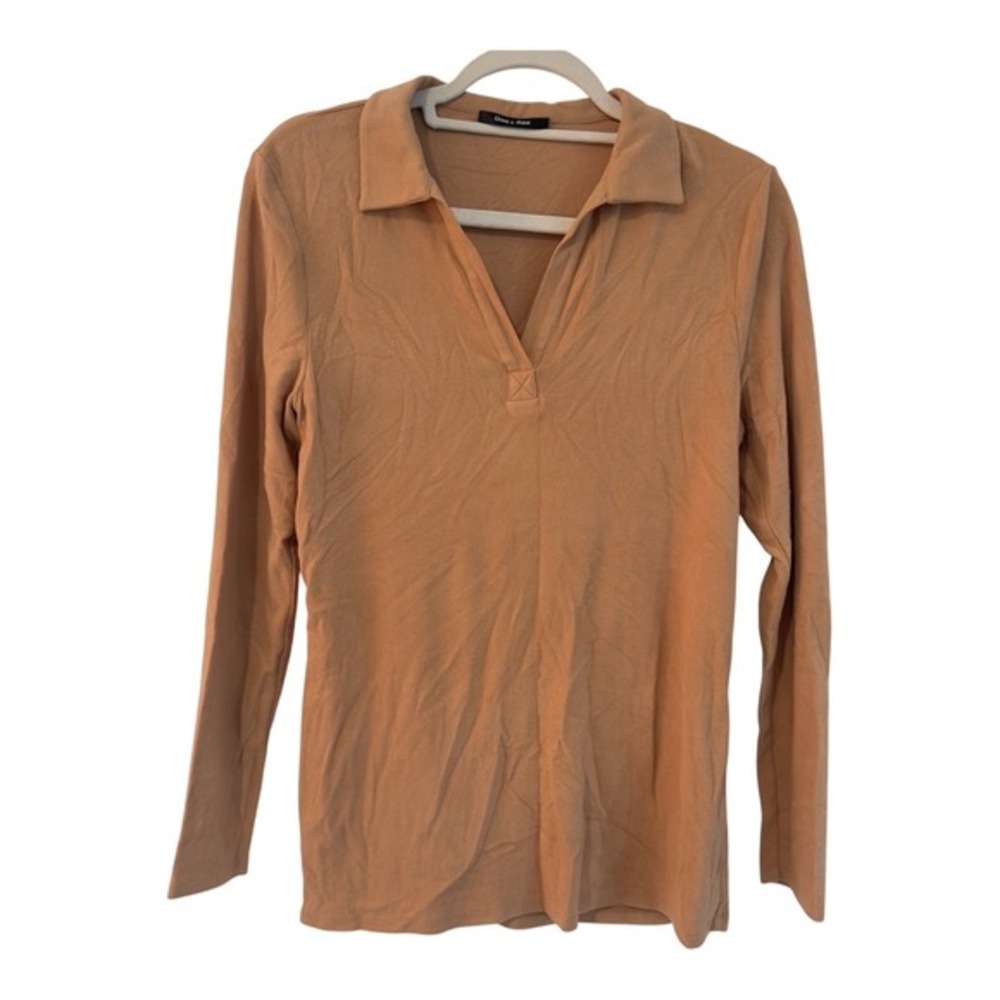 Doe & Rae‎ Womens Long Sleeve Polo Shirt V-Neck Ribbed Knit Camel Tan Small